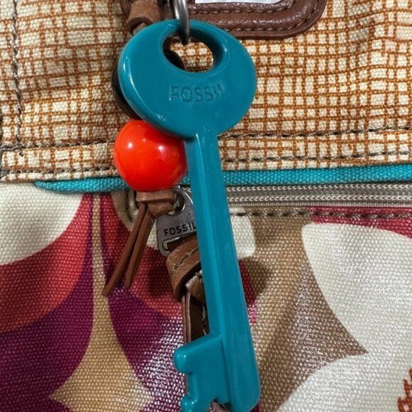 Vintage Fossil Coated Canvas Floral Theme Key Per Tote Bag Shoulder Bag‎ Purse - Picture 4 of 13